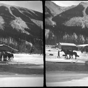 Cover image of Men and horses in front of camp buildings
