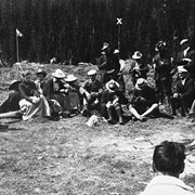 Cover image of Annual meeting of Alpine Club of Canada, secretary (Elizabeth Parker) reading her report [Lake O'Hara, Yoho Park, B.C.]