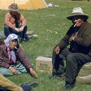 Cover image of Eddie Hunter, Maggie Hunter & George McLean (Tatâga Mânî) (Walking Buffalo), Pete Whyte in background