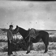 Cover image of Elliott Barnes with dead coyote on horse at Jumping Pound
