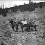 Cover image of Rider leading packhorse and saddlehorse on rockslide