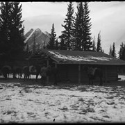 Cover image of Barnes cabin at Kootenay Plains, Elliott Barnes on step, Elliott Peak in background