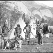 Cover image of John Simeon, Eli Rider, John Salter (Yarhyerîgen) (Star) and Ben Kaquitts (Mînâ Yuha Wagicha) (Dances with Sword) at Banff Indian Days