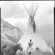 Cover image of Unknown man in regalia with horse, Banff Indian Days