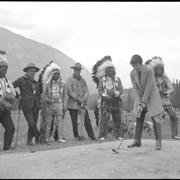 Cover image of Unidentified man, Jim Brewster, Mark Poucette, Norman Luxton, Unidentified man and John Hunter (Îhre Wapta) (Dry River Rocks) golfing