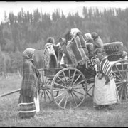 Cover image of Unidentified group of women by wagon, Banff Indian Days Grounds