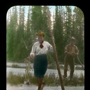 Cover image of [Mary Schaffer crossing stream on log, William Warren watching]