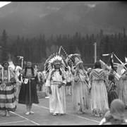 Cover image of Group of people in regalia at Banff Indian Days event at the Banff Springs Hotel