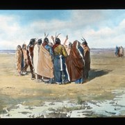 Cover image of [Painting with group of First Nations gathered together for ceremony? game?]