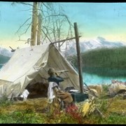Cover image of Looking for goat while baking bread.  Camp at lower end of Maligne Lake