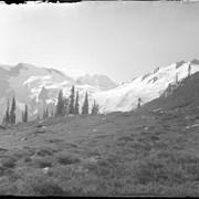 Cover image of Asulkan Pass, Glacier & Mts. Fox, Deville, Dawson, Castor, Pollux from bench on Mt. Abbott trail (No.65) 7/26/97