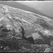 Cover image of Glacier. W.S.V. Jr. & observation rocks on east moraine of Asulkan Glacier. 8/23/98