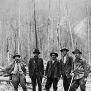 Cover image of [Rescue team in Blaeberry Valley, B.C., following recovery of Mr. Wydean, who was killed on a goat hunt - left to right: Edward Feuz Jr., unidentified, Christian Hasler, unidentified, Ernest Feuz]