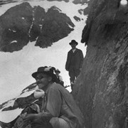 Cover image of Rudolf [Aemmer] on the highest outhouse in the Canadian Rockies, Abbot's Pass [near Lake Louise]