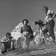 Cover image of [left to right: Rudi Gertsch, Edward Feuz, and Bruno Engler during filming of CBC TV's "This Land " program on Edward Feuz]