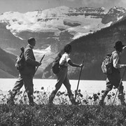 Cover image of [Swiss Guide leading hikers at] Lake Louise