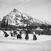Cover image of Ladies playing hockey - Bow River Rink