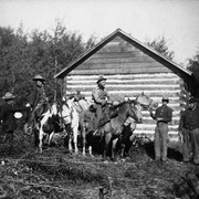 Cover image of Jimmy Simpson (on horse left) and Fred Ballard (on horse right) [leaving from Jack Sinclair's Cabin, Banff] on a trapping trip