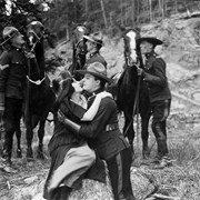 Cover image of Sgt. E.O. Taylor (left) and cast members of movie "Sergeant Cameron of the Mounted" during filming at Bankhead near Banff