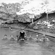 Cover image of Cave and Basin - l to r: Pete Whyte, Lew Borzage, Lew Cody, Fern Brewster, Frank Borzage, Cyril Gardiner, ?, Bunny Dull