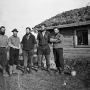 Cover image of Samuel Prescott Fay, Robert Cross, Bob Jones, Jack Symes, and Fred Brewster at Hudson's Hope; Fay Trip from Jasper to Hudson's Hope, 1914