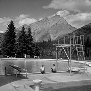 Cover image of Banff Springs Hotel pool. -- 1937 Aug.