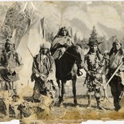 Cover image of (L-R) John Simeon, Eli Rider, Eli Rider's mother, John Salter (Yarhyerîgen) (Star), Ben Kaquitts (Mînâ Yuha Wagicha) (Dances with Sword) at Banff Indian Days