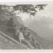 Cover image of On the first trip to hole in the wall for movie people - Herbert Brenon on far left, Pete Whyte on far right, Jimmy How took picture - 1924 - The Alaskan