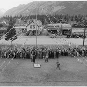 Cover image of Crowd standing in a field with a maypole