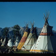 Cover image of Tipi lineup (R-L) David Bearspaw (Ozîja Thiha) tipi, Jonas Rider tipi, George McLean (Tatâga Mânî) (Walking Buffalo) tipi