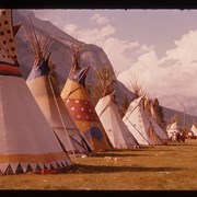 Cover image of Tipi lineup (L-R) David Bearspaw (Ozîja Thiha) tipi, Jonas Rider tipi, George McLean (Tatâga Mânî) (Walking Buffalo) tipi, unknown tipi, Crawler tipi